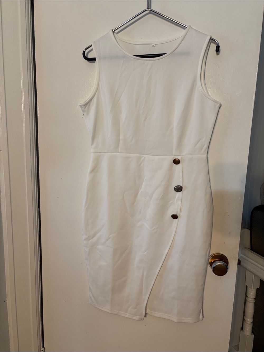 White Sleeveless Sheath Dress with Side Button Detail